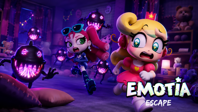 Two colorful EMOTIA Escape characters running from glowing black corrupted figures in a purple bedroom