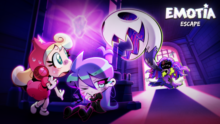 Two EMOTIA Escape characters hiding as a shadowy figure enters a purple prison room