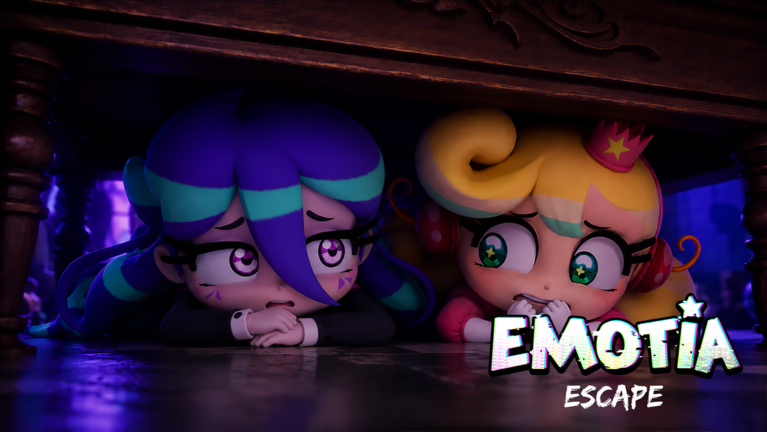 Two frightened EMOTIA Escape characters hiding beneath wooden furniture
