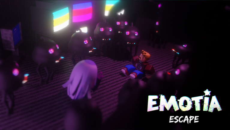 A Roblox player surrounded by glowing corrupted figures in a dark EMOTIA Escape room
